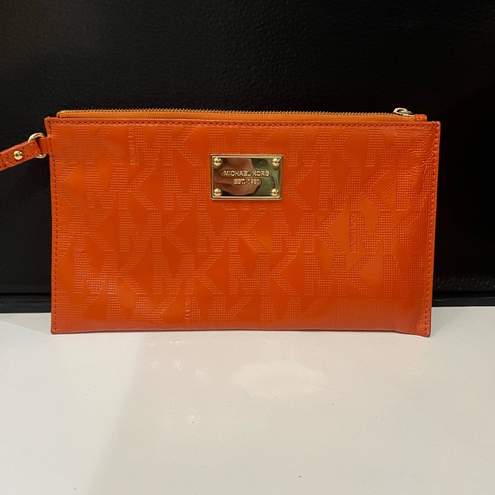 Michael Kors Orange MK Logo Wristlet Clutch with Gold Plate
